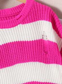 SHEIN Teenager Mädchen Street Cool Herbst/Winter Strickpullover, Mode Neu Flach, Fuchsia und Weiß Kontrastfarbe zeigt Charme, Street Cool Vibe kurz, locker sitzend, bequem, lässiges zerfranstes Persönlichkeit Rundhals Strickpullover kann mit Jeans und Röcken kombiniert werden, Weiche Stoffe schmeicheln der Haut der Mädchen. Geeignet für verschiedene Anlässe wie Zuhause, Reisen, Einkaufen, Treffen, Ausgehen mit Freunden, Partys, Präsentation des ICON-Charmes