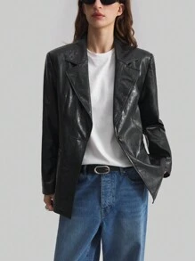 Ontre Ladies 2025 New Black PU Single-Button Pocket Casual Loose Long Sleeve Jacket, Daily, Work, Valentine's Day, Spring