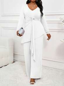 Fleurora Spring And SummerAutumn And Winter Elegant Casual Rose Red Knitted V Neck Flounce Rhinestone Long Sleeve Plus Size Co-Ords - White - View 4