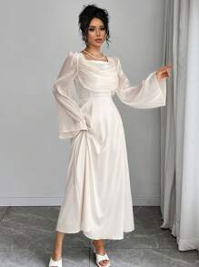 Elenzga Women's Solid Color Scoop Neck Flutter Sleeve Jacquard Woven Dress Maxi Women Outfit