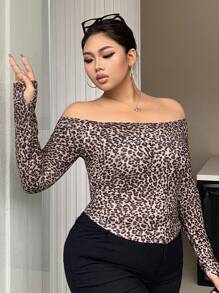 Dazy Petite Plus Plus Size Leopard Print Off Shoulder Fitted Long Sleeve T-Shirt, Sexy, Brown, Spring/Summer Cheetah Print Going Out Tops Women - Brown - View 9