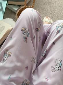 DAZY Cute Rabbit All-Over Print Loose Pajama Pants - Purple - View 1