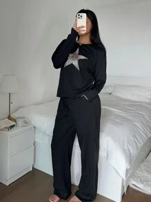 INAWLY Conjunto informal de 2 piezas con estampado de leopardo y pentagrama para mujeres