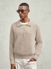 AKNOTIC Business Casual Cárdigan corto casual de media cremallera con cuello de polo, ajuste delgado, de punto de seudocashmere de visón para hombres