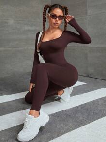 Slayform Tuta da yoga: scollo a V profondo con supporto per il busto, maniche lunghe e pantaloni, modellante lato fondoschiena e contenitivo per l'addome, versatile per l'allenamento, il ciclismo e l'uso quotidiano - Caffè Marrone - Visualizzare 6