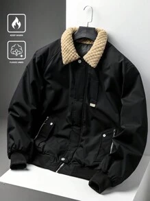 Manfinity Homme Men's Fluffy Patchwork Zipper Pocket Long Sleeve Casual Padded Coat, Going Out Warm Korean Fashion Winter Coat, For Friends, Husband, Boyfriend Gifts - Black - View 1