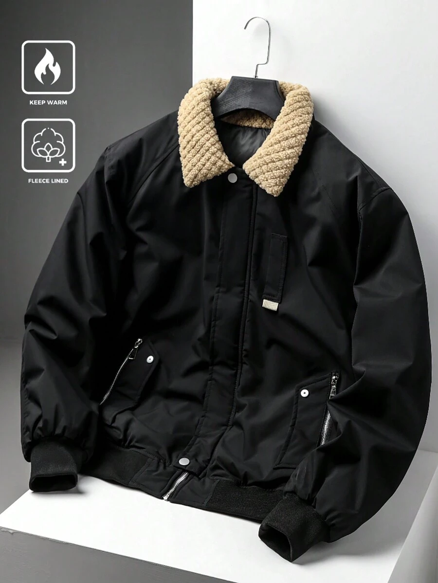 Manfinity Homme Men's Fluffy Patchwork Zipper Pocket Long Sleeve Casual Padded Coat, Going Out Warm Korean Fashion Winter Coat, For Friends, Husband, Boyfriend Gifts - Black - View 1