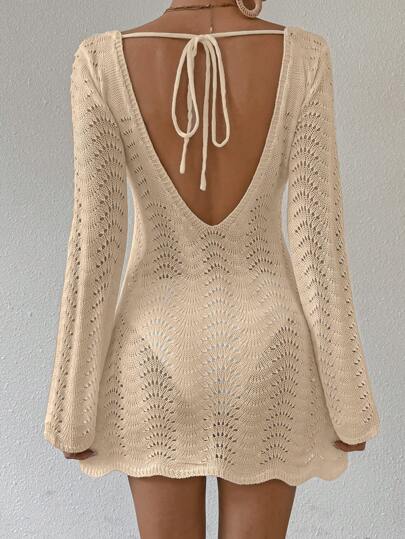 Swim Lushoire 女性夏季沙灘鉤織中空綁帶露背遮陽連衣裙