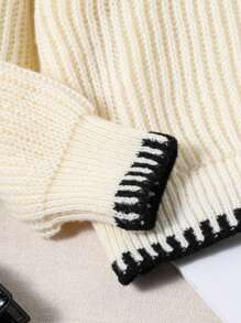 Classic Simple Grey Contrast Stitching Knit Sweater, Casual Hooded Pullover For Girls, Autumn/Winter