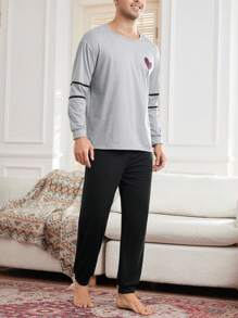 Manfinity Men's Heart Print Contrast Striped Long Sleeve & Pants Pajama Set - Light Grey - View 2