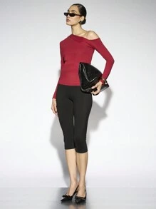AiiRZ Asymmetrical Neckline Long Sleeve Fitted T-Shirt - Burgundy - View 6