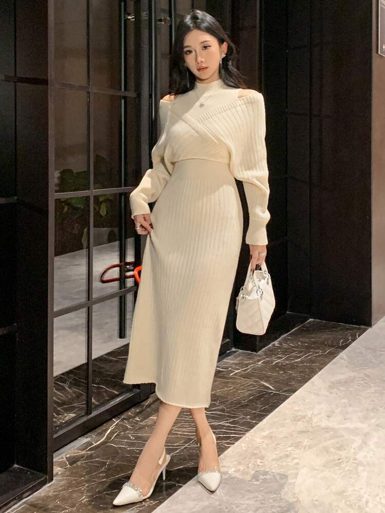 Women Minimalist Solid Color Stand Collar Cutout Shoulder Waist Knit Sweater Dress, Autumn