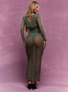 MISSGUIDED Conjunto de top transparente de manga comprida e gola barco de renda e saia bodycon conjunta - Cinza - Visão 2