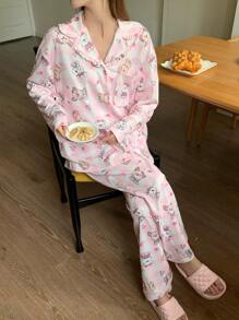 DAZY Cute Plaid & Cartoon Full Print Pajama Set - Pink - View 5