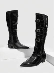 CUCCOO GRLICON 女士过膝靴，Y2K 风格，朋克摇滚，机车风，酷女孩，适合万圣节、圣诞节、派对场合 - 黑色 - 查看 2