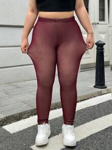 SHEIN EZwear Quần legging lưới đen cỡ lớn, Thu/Đông - Màu Đỏ Sâu - Xem 1