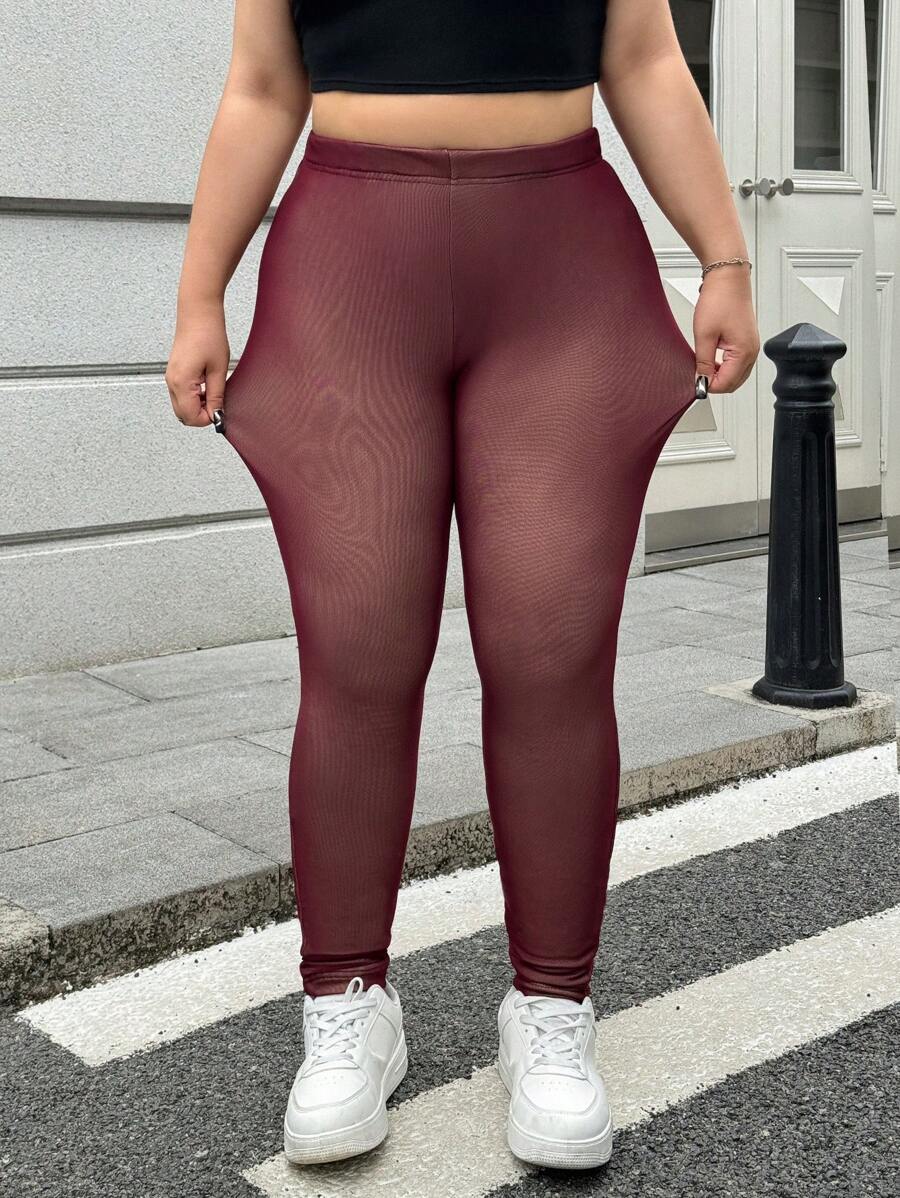 SHEIN EZwear Quần legging lưới đen cỡ lớn, Thu/Đông - Màu Đỏ Sâu - Xem 1