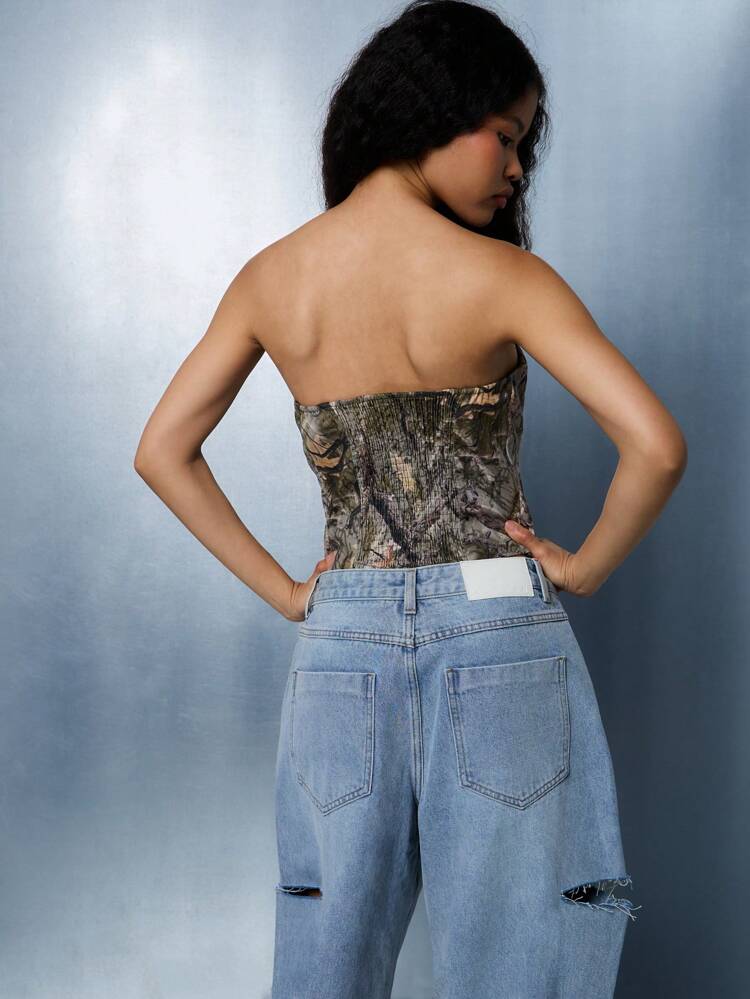 SUMWON WOMEN Punk Camo Print Zip Through Sleeveless Corset Top