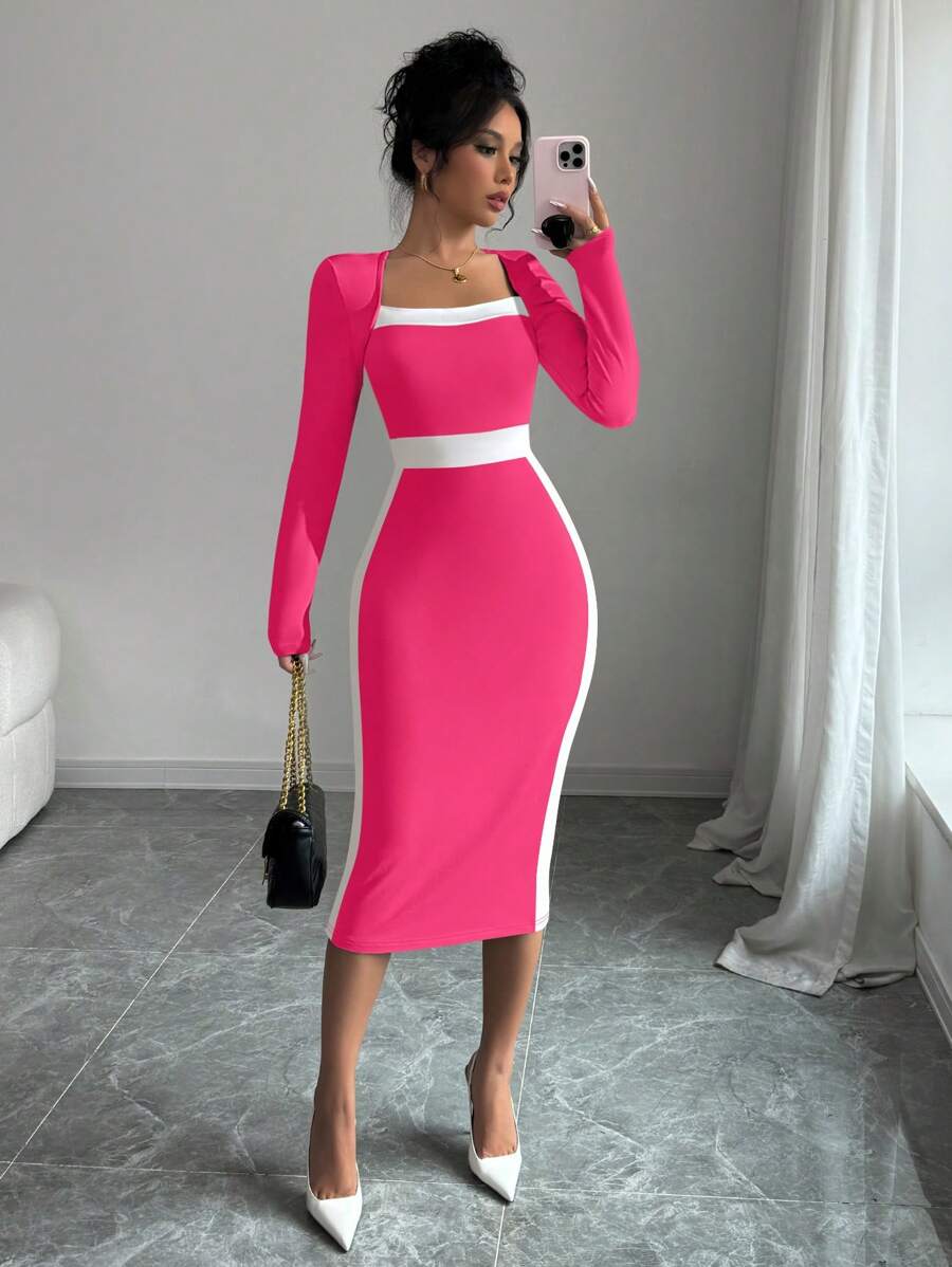 Elenzga Square Neck Splice Contrast Color Bodycon Sexy Women Dress Maxi Women Outfit - Hot Pink - View 1
