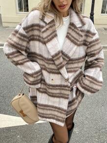 SHEIN Essnce 女士休闲时尚条纹拼色翻领落肩宽松双排扣中长款大衣，秋冬 - 彩色 - 查看 12