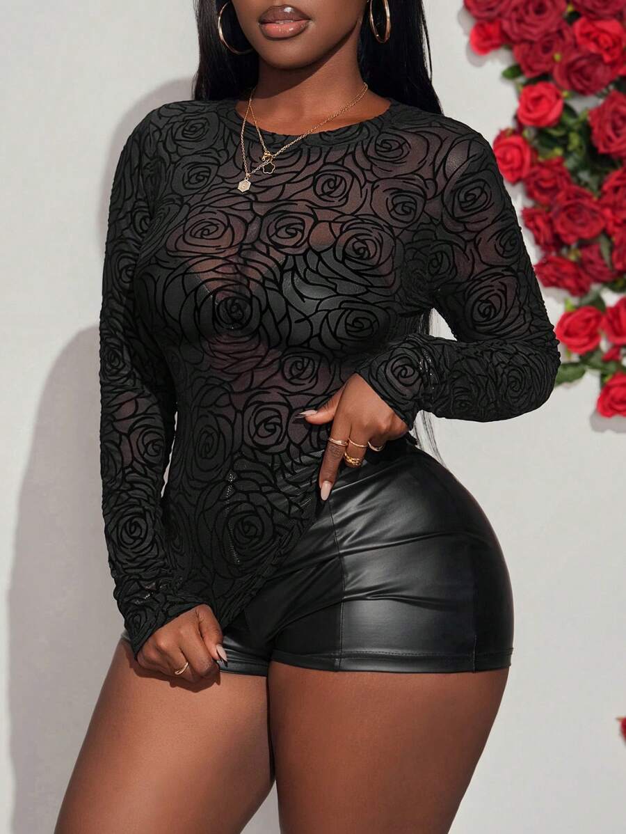 Slaydiva Elegant Sexy Slim-Fit Sheer Rose Flocked Fabric Women Tops, Black Top, Date Night Tops, Concert - Black - View 1
