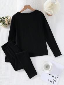 SHEIN Set de 2 piezas de ropa interior térmica de manga larga y pantalón largo a juego en color negro, para adolescentes - Negro - Ver 2