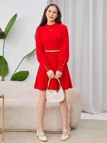 SHEIN 少女红色立领荷叶边袖纽扣式喇叭针织毛衣裙，适合秋季/圣诞节的休闲装 - 紅色 - 查看 4