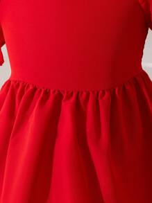 SHEIN Váy cổ vuông dệt tay ngắn màu trơn cho bé gái mặc hàng ngày - Đỏ - Xem 5