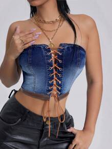 SHEIN ICON Damen Jeans Crop Top mit Schleife, stilvoll und sexy - Blau - Übersicht 4