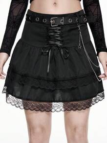 ROMWE Grunge Punk Retro Dark Multi-Layer Cake Shape Skirt With Chain Belt, Star & Bow Decor Gothic Style Mini Skirt For Women - Black - View 4