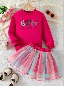 2pcs Girls Young Girl Spring Autumn Winter Casual Set, Cute Heart & English Letter Print Long Sleeve Sweatshirt + Double Layer Mesh Skirt, Suitable For Party, Holiday, Versatile