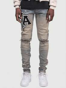 ROMWE MEN Street Life Men's Embroidered Skinny Jeans, Street Style - Medium Wash - View 2