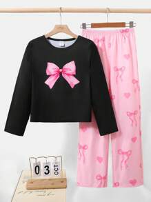 SHEIN Leap Crew 少女甜美简约蝴蝶结装饰圆领长袖长裤宽松休闲韩版阻燃睡衣套装，2件套