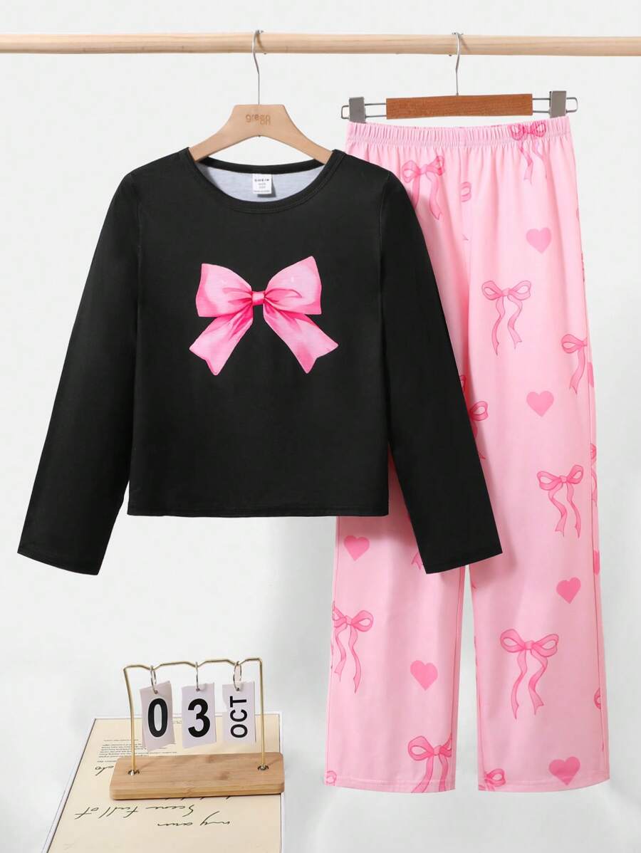 SHEIN Leap Crew 少女甜美简约蝴蝶结装饰圆领长袖长裤宽松休闲韩版阻燃睡衣套装，2件套