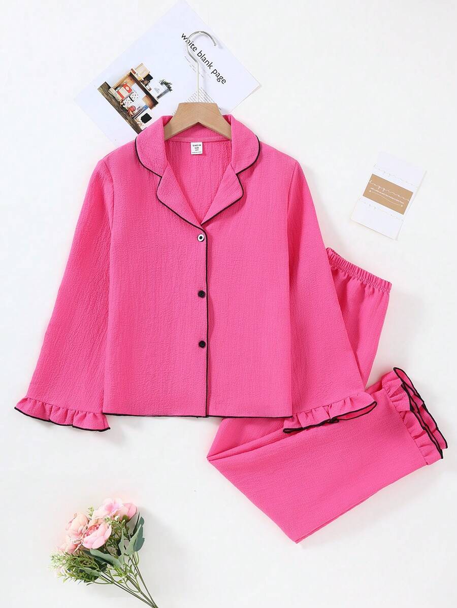 2pcs/Set Girls' Pink Casual Open Front Ruffle Trim Collar Knit Loungewear Set - Hot Pink - View 1