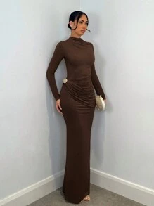 SHEIN BAE 优雅女士长袖连衣裙带金属装饰，日常休闲 / 约会 / 郊游 / 夜店派对 / 聚会装 - 咖啡棕 - 查看 5