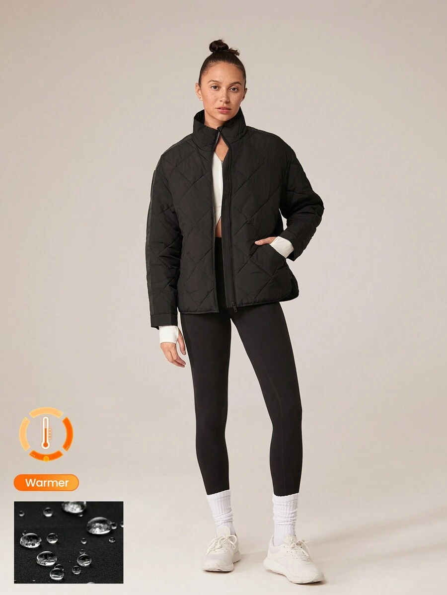 GLOWMODE 轻盈保暖哑光绗缝高领宽松弧形开衩下摆夹克，带按扣侧袋，日常休闲冬季 - 黑色 - 查看 1