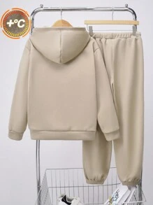 SHEIN Leap Crew Bộ 2 quần dài và áo nỉ trùm đầu thoải mái, rộng rãi, phù hợp với mọi bé trai tuổi teen - Màu Khaki - Xem 2