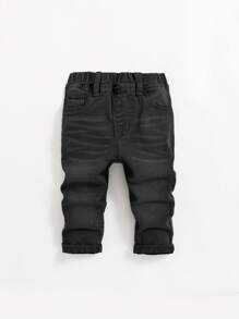 SHEIN Baby Boys' Elastic Waist Water Wash Jeans - Black - View 1