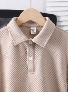 SHEIN Tweenboy Casual Textured Ribbed Fabric Polo Shirt With Collar, Suitable For Spring, Summer, Autumn, Travel & School - Khaki - View 4