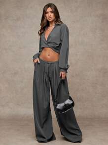 SHEIN BAE Quần dài xếp ly ống rộng màu xám trơn đa năng cho nữ, thích hợp mặc đi làm/đi chơi hàng ngày, phong cách đơn giản và cổ điển - Xám - Xem 4