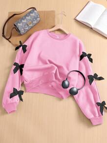 SHEIN Roupa rosa para meninas adolescentes dia dos namorados/ano novo, malha lisa manga laço enfeitado solto casual gola redonda moletom