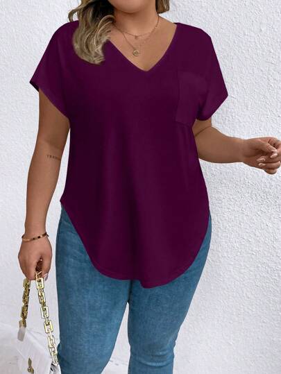 EMERY ROSE Plus Size Casual Solid Color Curved Hem T-Shirt