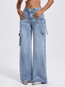 SHEIN ICON 女士时尚直筒牛仔裤 低腰直筒宽松牛仔裤 女士 - 淺色水洗藍 - 查看 3