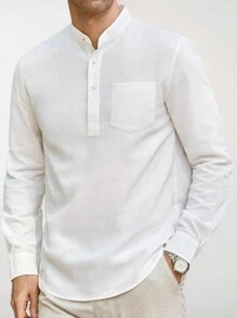 Manfinity VCAY 男士梭织修身立领长袖休闲商务衬衫，适合日常穿着、工作 - 白色 - 查看 1