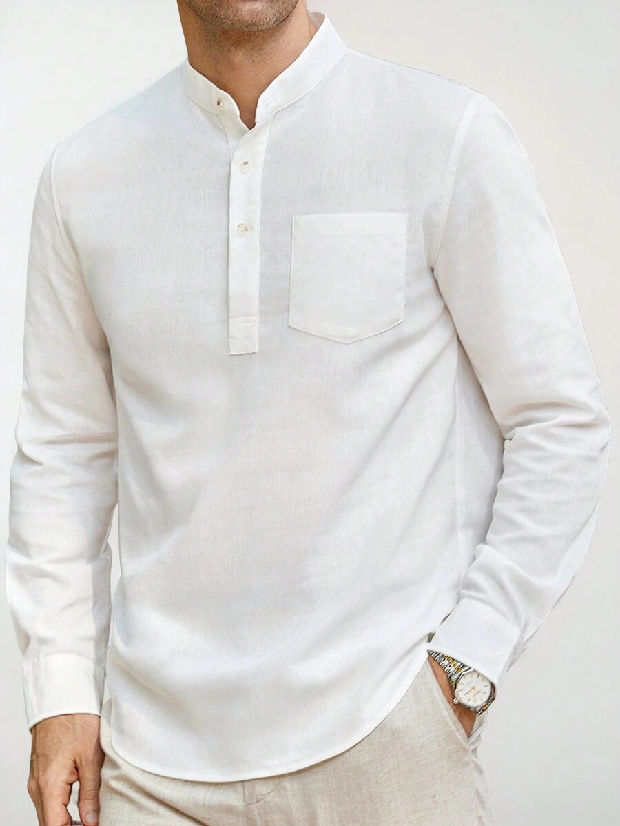 Manfinity VCAY 男士梭织修身立领长袖休闲商务衬衫，适合日常穿着、工作 - 白色 - 查看 1