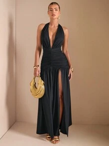 SHEIN BAE 优雅简约纯色咖啡色、棕色、卡其色性感 V 领露背高开叉连衣裙，适合派对、浪漫约会、鸡尾酒会、伴娘礼服、晚装 - 深灰色 - 查看 7