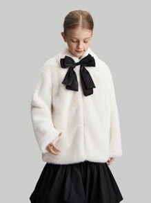 Ontre Tween Girls' Oversized Casual Plush Bow Decor Jacket - Apricot - View 5