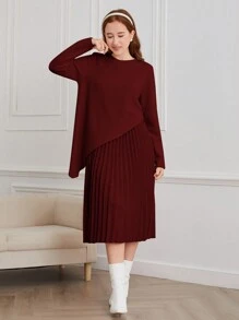 2pcs/Set Teen Girl Knit Sweater And Pleated Camisole Dress - Burgundy - View 6