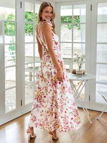 SHEIN VCAY Elegant Lace Up Backless Ruffle Armhole Split Thigh Dress - Multicolor - View 2